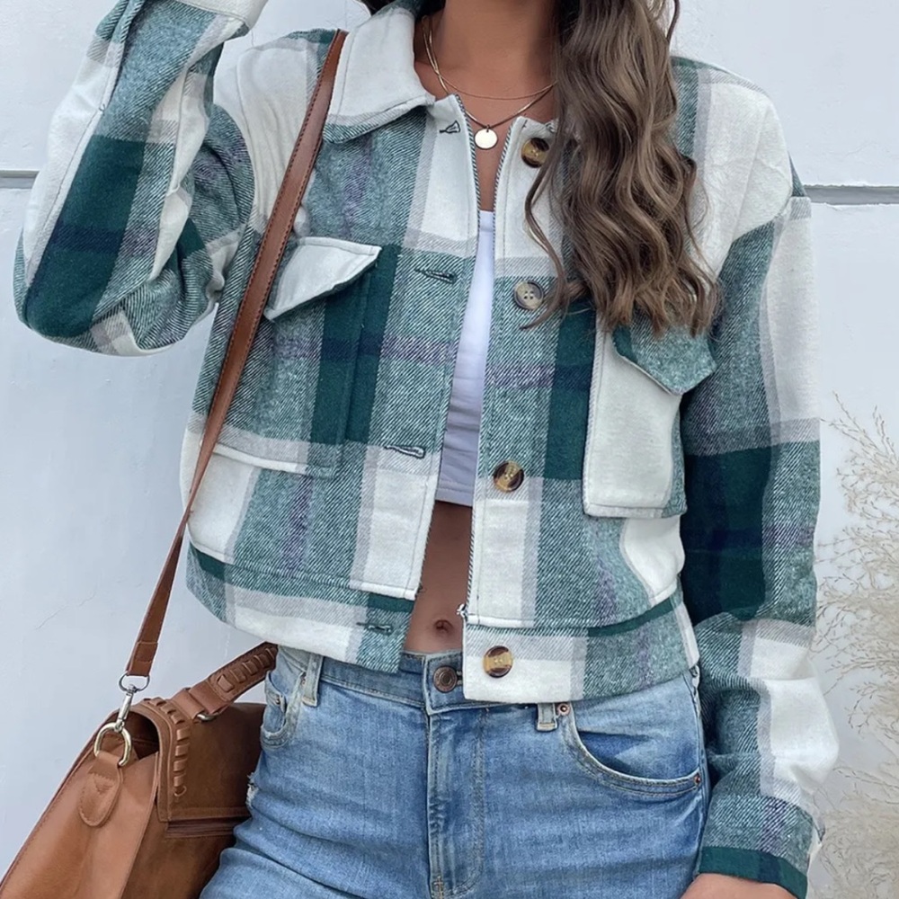 Green Plaid Cropped Shacket Jacket Size XL